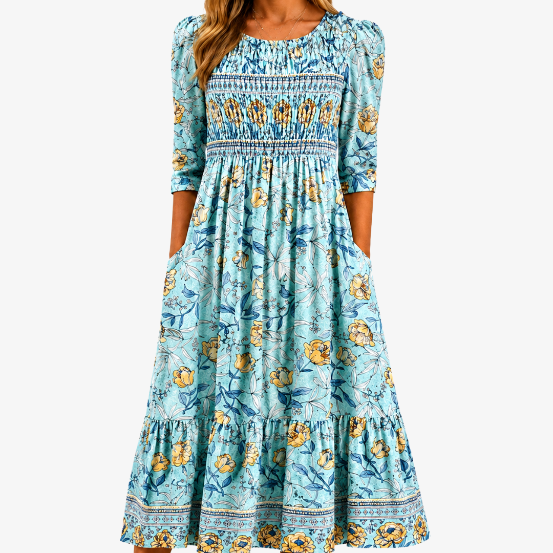 Mary - Smocked Floral Midi Dress