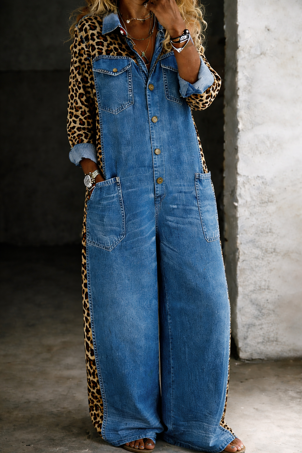 Amanda - Leopard Contrast Wide-Leg Denim Jumpsuit