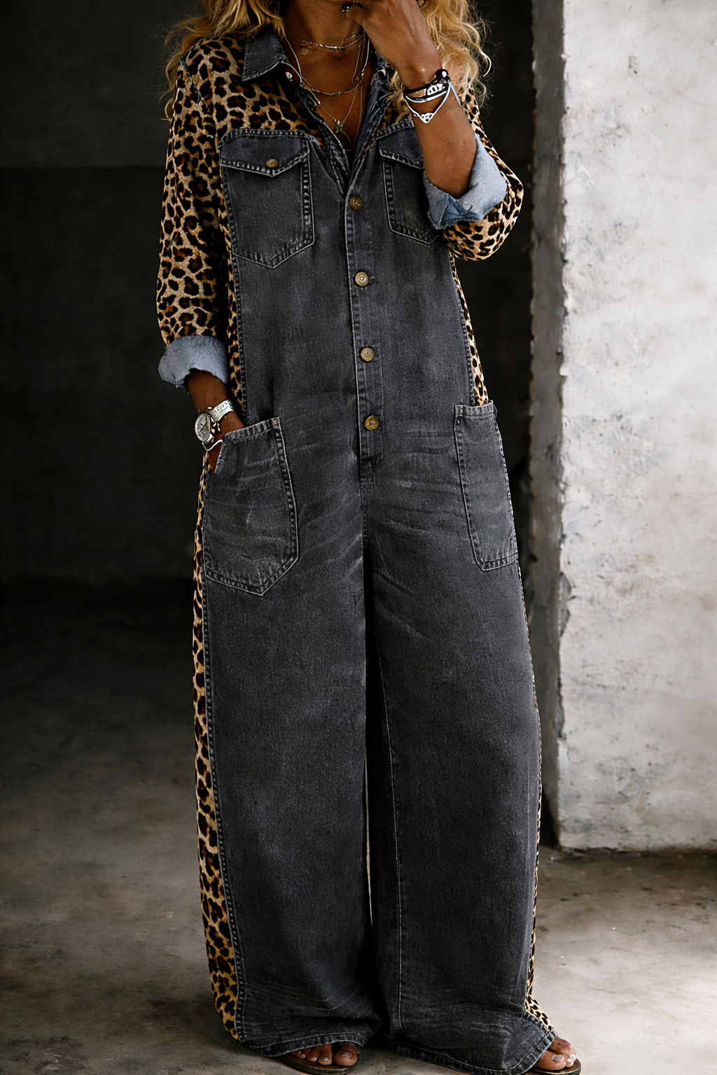 Amanda - Leopard Contrast Wide-Leg Denim Jumpsuit