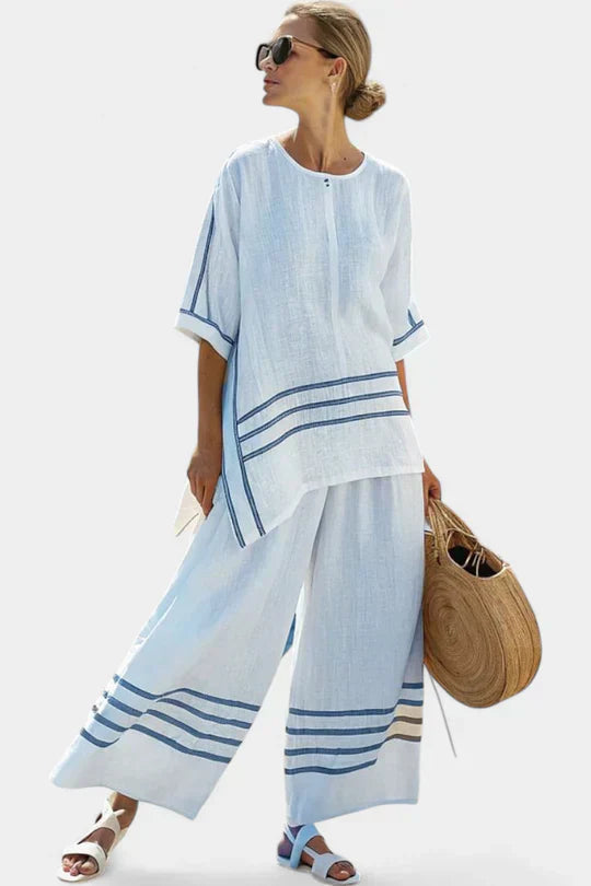 Ashley - Striped Blouse Wide Pants Set