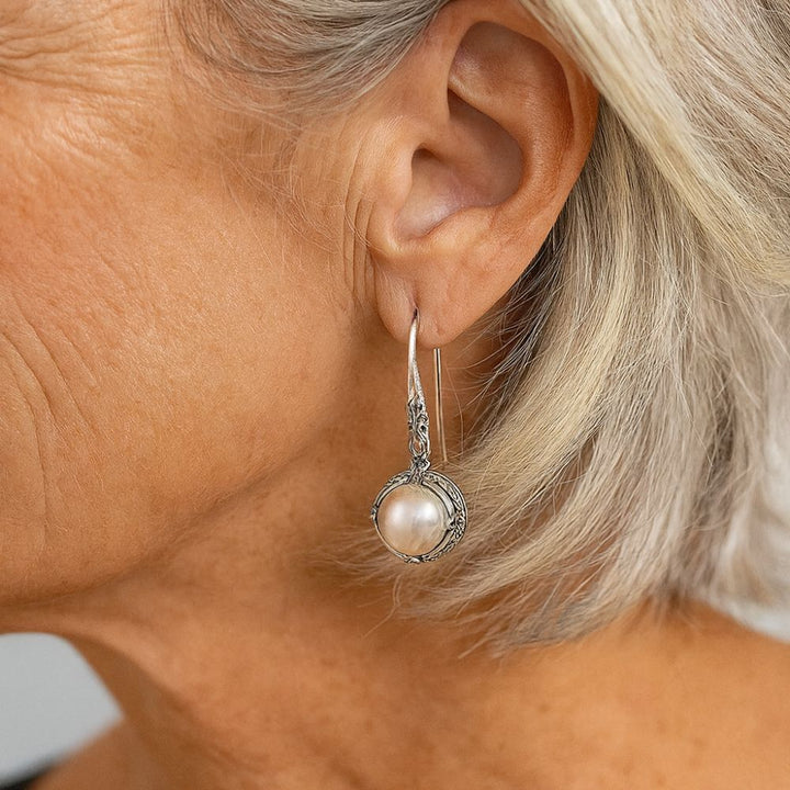 Vintage Inlaid Silver Pearl Earrings